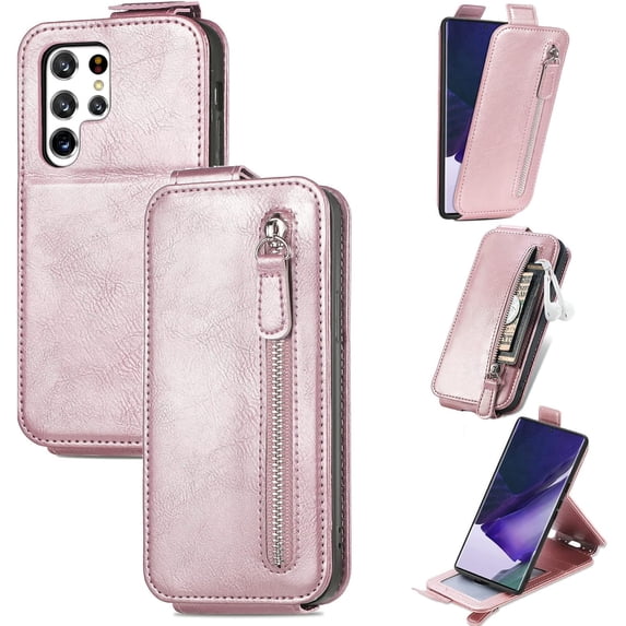 Zipper Card Holder Leather Phone Case for Samsung Galaxy Note 20 10 9 8 Ultra Pro Lite, Unique Screen Protective Bracket Shell, Hot Business Wallet Back Cover(Pink,Note 20 Ultra)