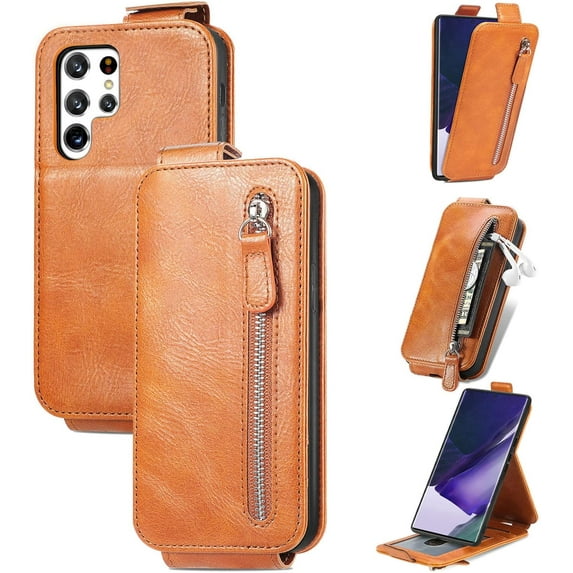 Zipper Card Holder Leather Phone Case for Samsung Galaxy Note 20 10 9 8 Ultra Pro Lite, Unique Screen Protective Bracket Shell, Hot Business Wallet Back Cover(Brown,Note 9)