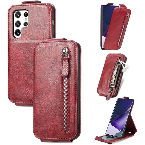 Zipper Card Holder Leather Phone Case for Samsung Galaxy S10 S9 S8/S10 S9 S8 Plus E, Unique Screen Protective Bracket Shell, Hot Business Wallet Back Cover(Red,S9 Plus)