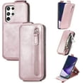 thumbnail image 1 of Zipper Card Holder Leather Phone Case, for Samsung Galaxy S22 S21 S20 Ultra Plus FE, Unique Screen Protective Bracket Shell, Hot Business Wallet Back Cover(Pink,S22 Plus), 1 of 8
