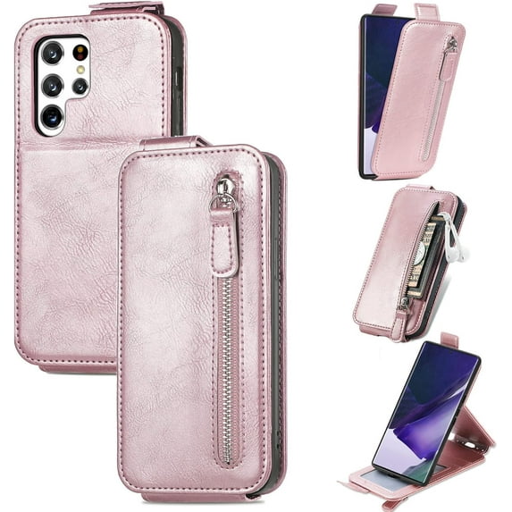 Zipper Card Holder Leather Phone Case, for Samsung Galaxy S22 S21 S20 Ultra Plus FE, Unique Screen Protective Bracket Shell, Hot Business Wallet Back Cover(Pink,S22 Plus)