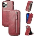 thumbnail image 1 of Zipper Card Holder Leather Phone Case, Unique Screen Protective Bracket Shell for iPhone 14 13 12 11 Pro Max/Pro/Plus/Mini, Hot Business Wallet Back Cover(Red,14), 1 of 8