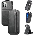 thumbnail image 1 of Zipper Card Holder Leather Phone Case, Unique Screen Protective Bracket Shell for iPhone 14 13 12 11 Pro Max/Pro/Plus/Mini, Hot Business Wallet Back Cover(Black,12/12 Pro), 1 of 7