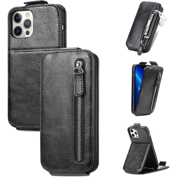 Zipper Card Holder Leather Phone Case, Unique Screen Protective Bracket Shell for iPhone 14 13 12 11 Pro Max/Pro/Plus/Mini, Hot Business Wallet Back Cover(Black,12/12 Pro)