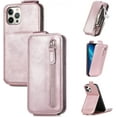 thumbnail image 1 of Zipper Card Holder Leather Phone Case, Unique Screen Protective Bracket Shell for iPhone 14 13 12 11 Pro Max/Pro/Plus/Mini, Hot Business Wallet Back Cover(Pink,14 Plus), 1 of 8