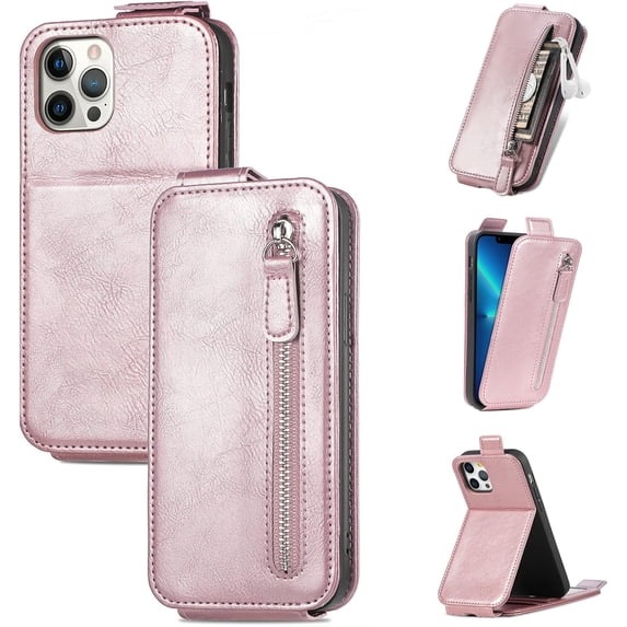 Zipper Card Holder Leather Phone Case, Unique Screen Protective Bracket Shell for iPhone 14 13 12 11 Pro Max/Pro/Plus/Mini, Hot Business Wallet Back Cover(Pink,14 Plus)