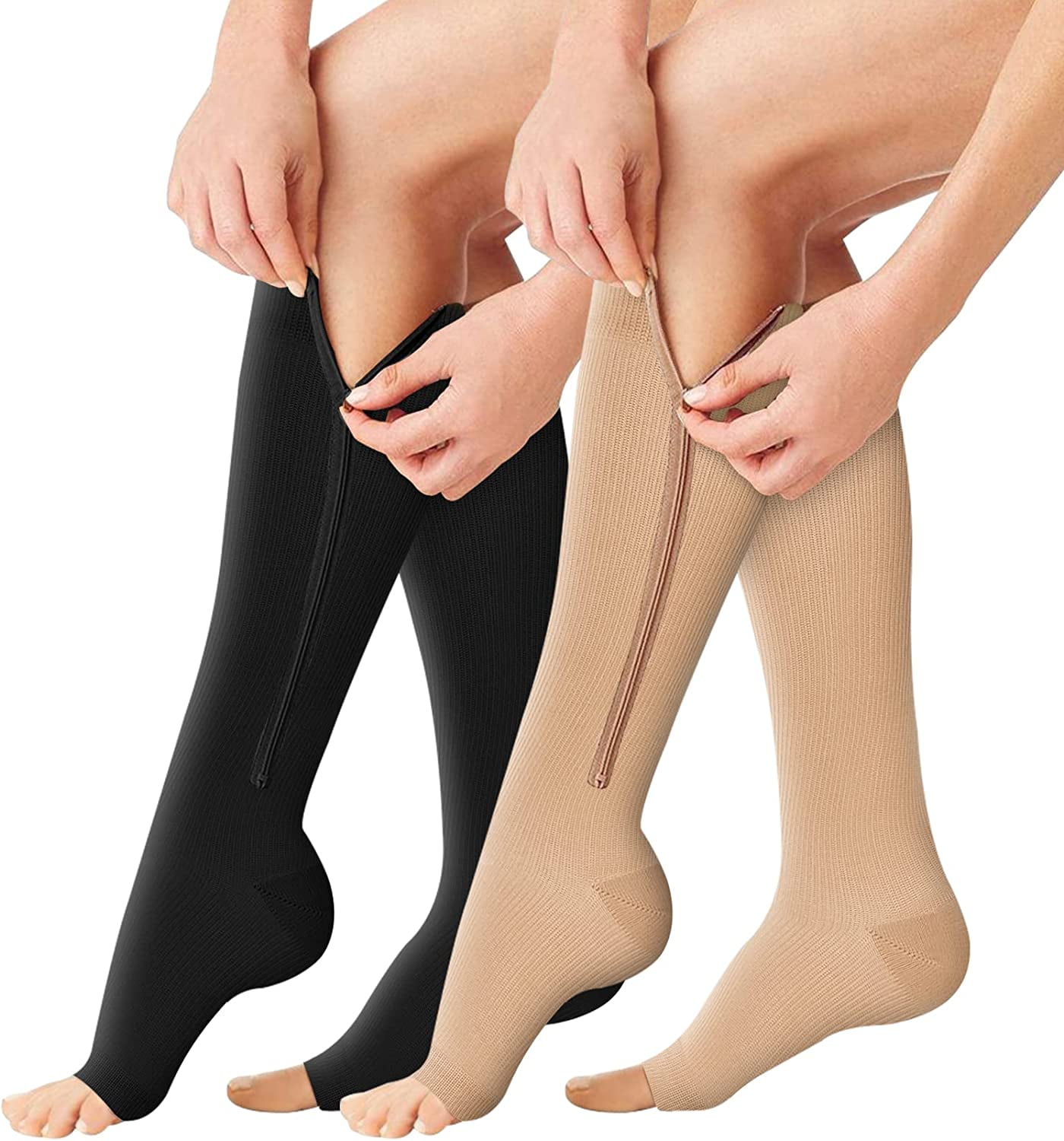 Zipper Compression Socks Pairs 15-20mmHg Open Toe Toeless