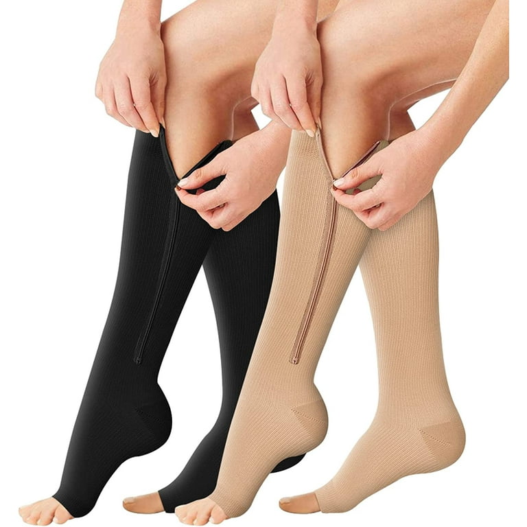 Zipper Compression Socks - 2 Pairs 15-20mmHg Open Toe Toeless