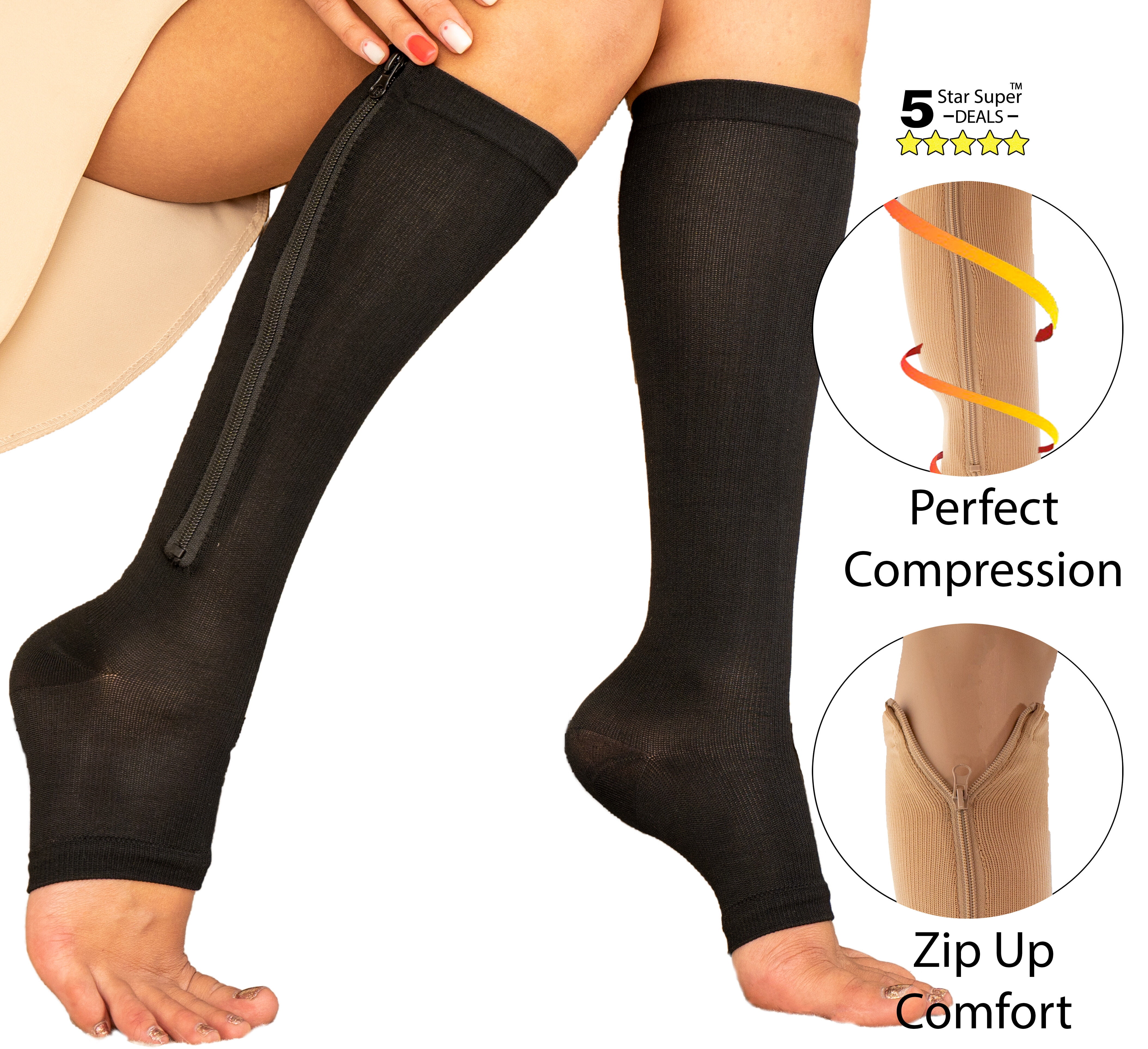 Zipper Compression Socks - Open Toe Knee High Graduated Pressure Support  Hose for Improved Leg Circulation - Unisex - Black Large Size - 5 Star  Super Deals 