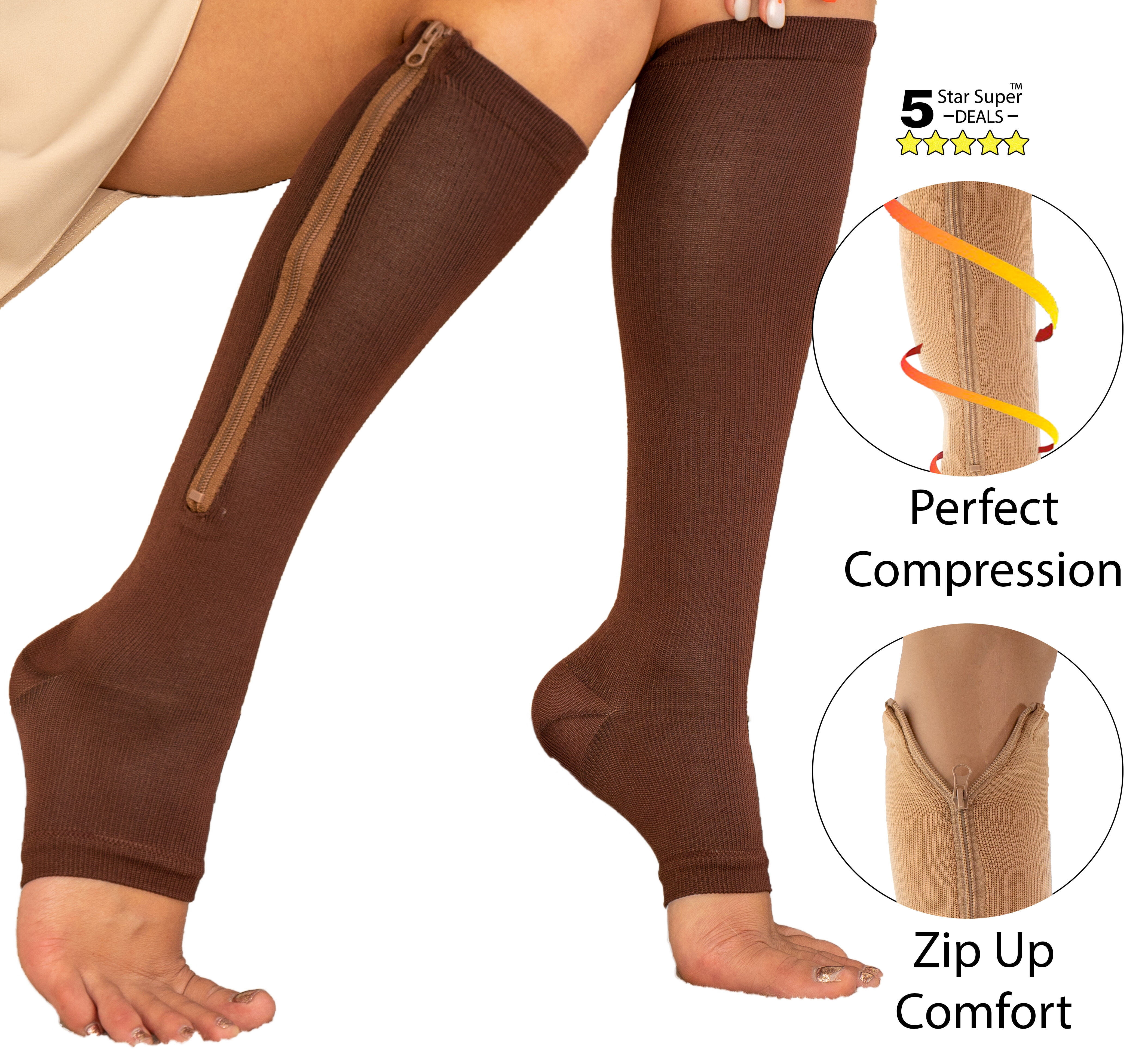 5 Star Zipper Compression Socks Open Toe Knee High Graduated Pressure Unisex Black Walmart