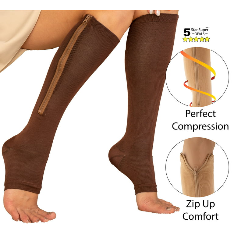 Vigor Premium Quality Zipper Compression Socks Calf Knee High Open Toe  Support in Natural