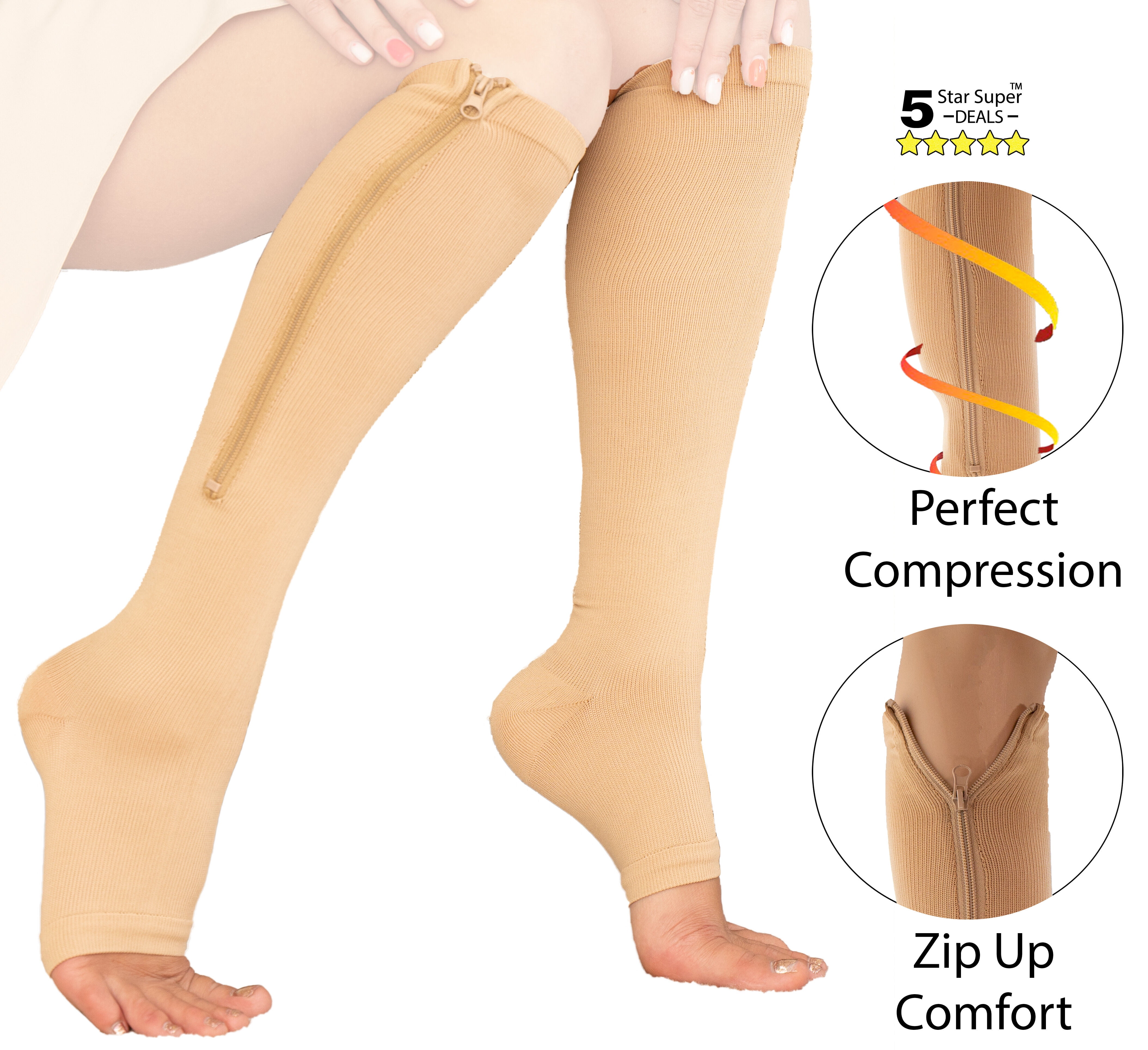 Zipper Compression Socks - Open Toe Knee High Graduated Pressure Support  Hose for Improved Leg Circulation - Unisex - White x-Large Size - 5 Star  Super Deals 