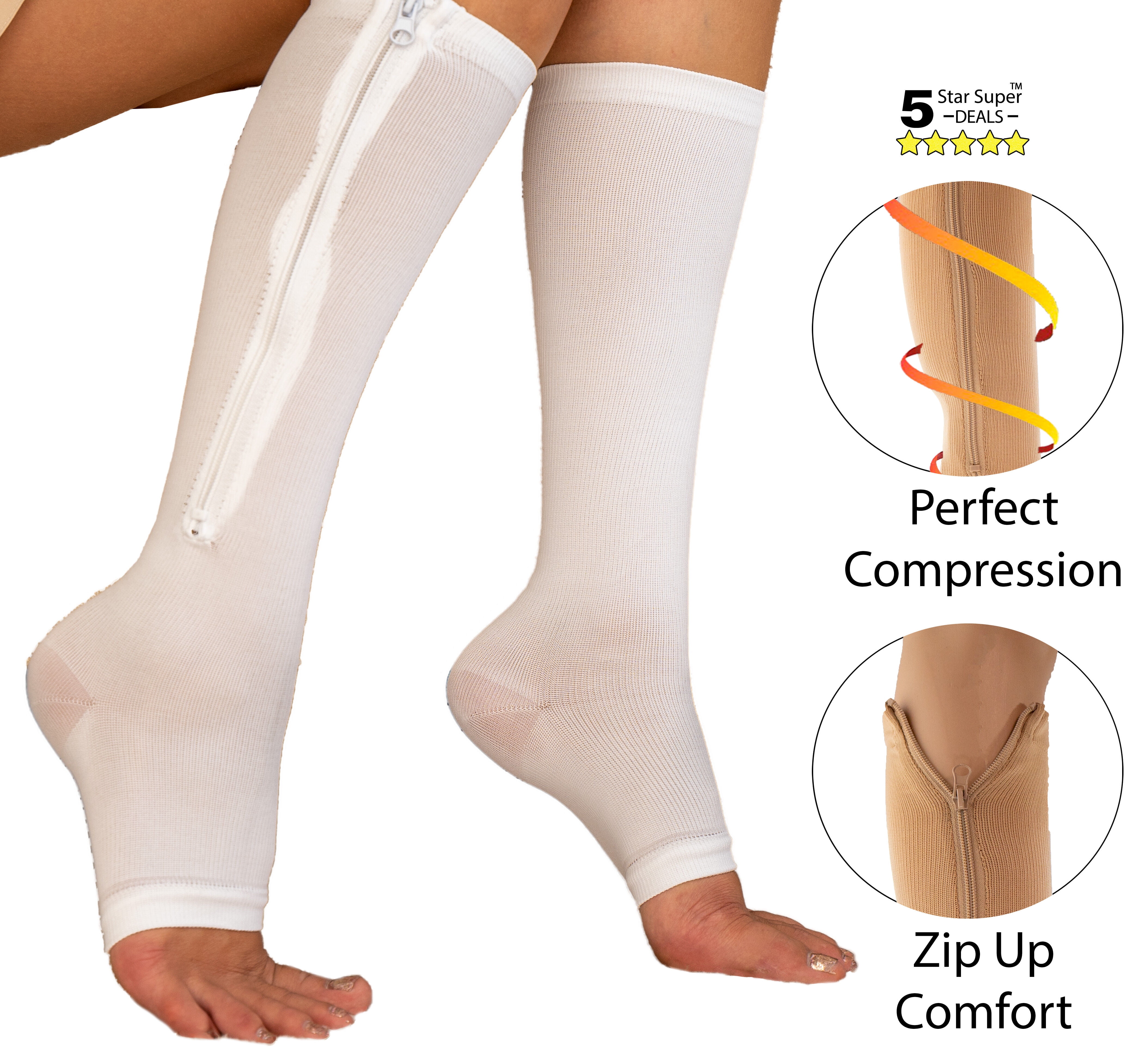 Zipper Compression Socks - Open Toe Knee High Graduated Pressure Support  Hose for Improved Leg Circulation - Unisex - White Large Size - 5 Star  Super