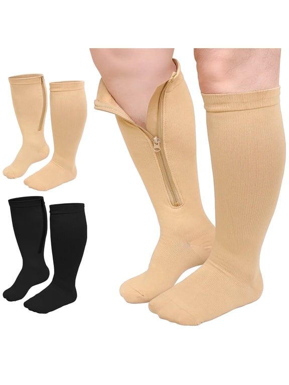 Zipper Compression Socks, PUTUO Compression Socks for Women and Men, Plus Size Closed Toe Compression Stocking with Zipper, 20-30 mmhg Pressure Support Stockings, 2 Pairs