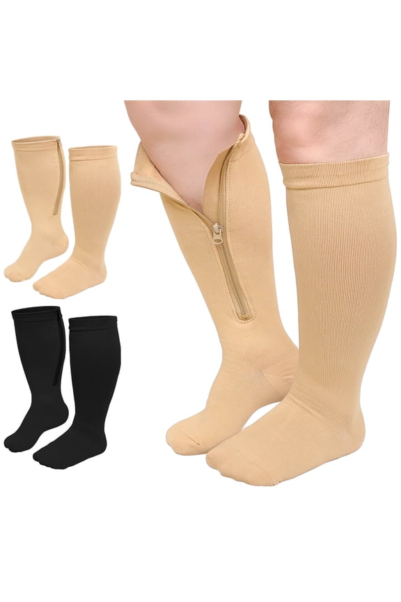 Zipper Compression Socks, PUTUO Compression Socks for Women and Men, Plus Size Closed Toe Compression Stocking with Zipper, 20-30 mmhg Pressure Support Stockings, 2 Pairs
