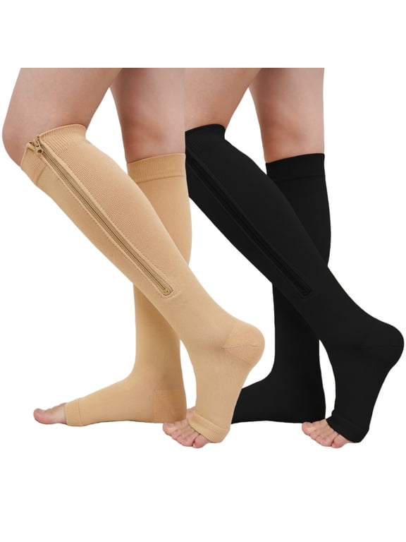 Zipper Compression Socks for Women - UNEEI 2 Pairs Open Toe Compression Socks, Knee High Support Stockings for Circulation, Varicose Veins, Swelling & Recovery