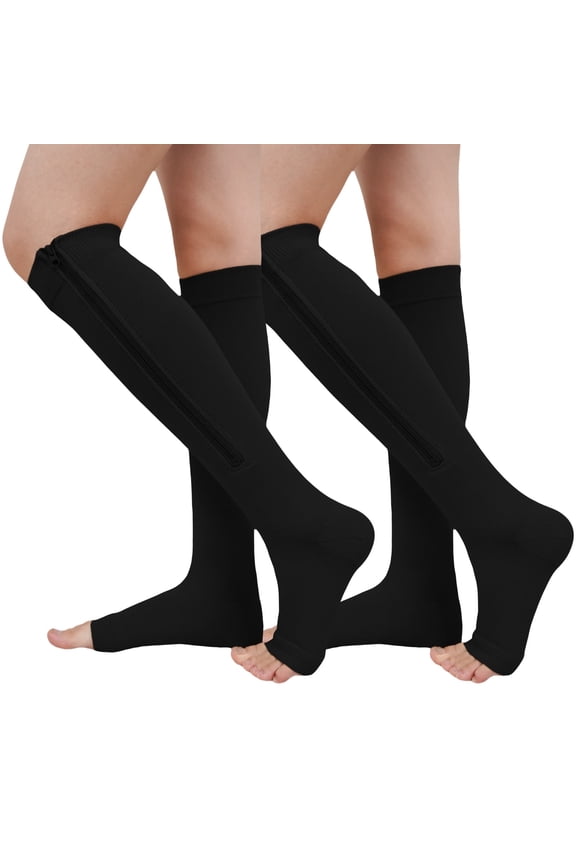 Zipper Compression Socks for Women - UNEEI 2 Pairs Open Toe Compression Socks, Knee High Support Stockings for Circulation, Varicose Veins, Swelling & Recovery