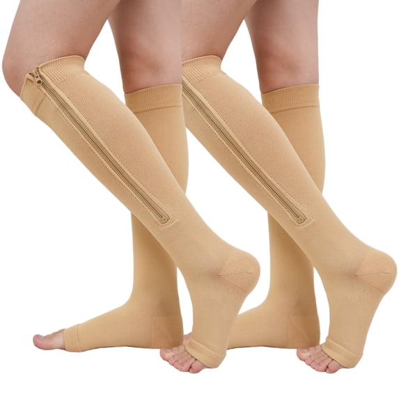 Zipper Compression Socks for Women - UNEEI 2 Pairs Open Toe Compression Socks, Knee High Support Stockings for Circulation, Varicose Veins, Swelling & Recovery