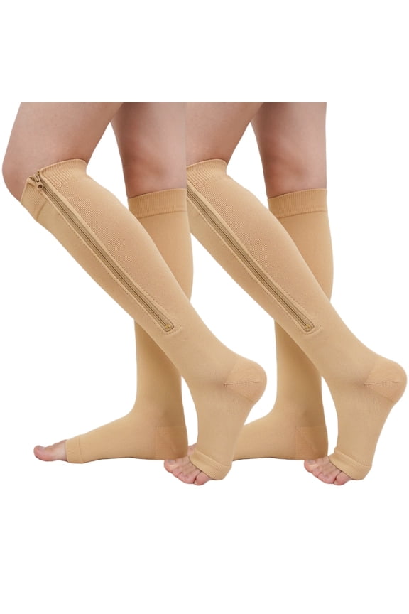 Zipper Compression Socks for Women - UNEEI 2 Pairs Open Toe Compression Socks, Knee High Support Stockings for Circulation, Varicose Veins, Swelling & Recovery