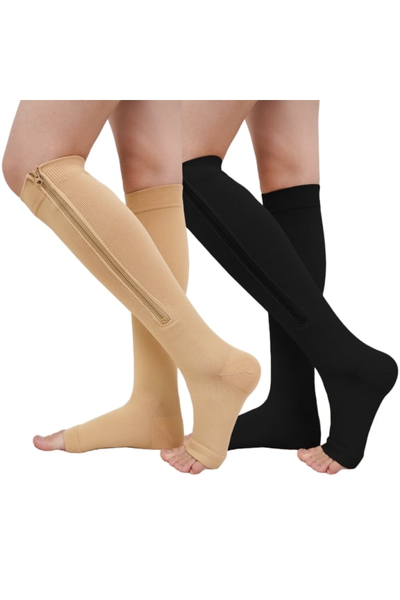 Zipper Compression Socks for Women - UNEEI 2 Pairs Open Toe Compression Socks, Knee High Support Stockings for Circulation, Varicose Veins, Swelling & Recovery