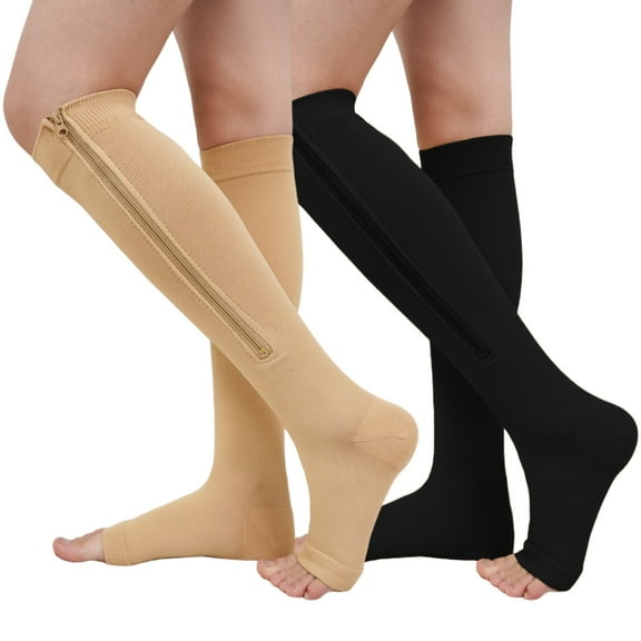 Zipper Compression Socks for Women - UNEEI 2 Pairs open toe compression socks, Knee High Support Stockings for Circulation, Varicose Veins, Swelling & Recovery