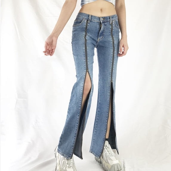 Zipper-Detail Flare Jeans with Front Slits