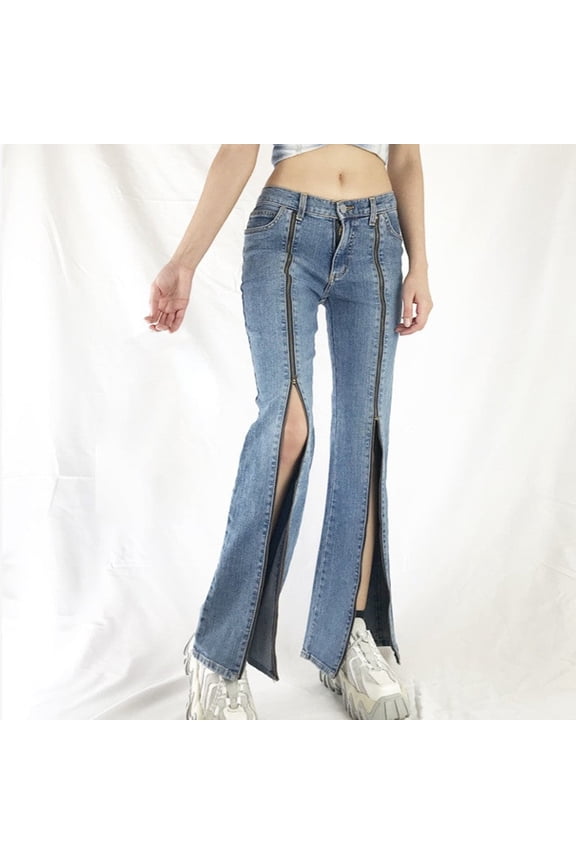 Zipper-Detail Flare Jeans with Front Slits