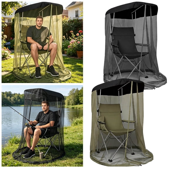 Zipper‑Entrance Portable Camping Mosquito Net High‑Density Breathable Polyester Mesh Bug Screen No‑Installation Outdoor Net Cover Excluding Chair Black