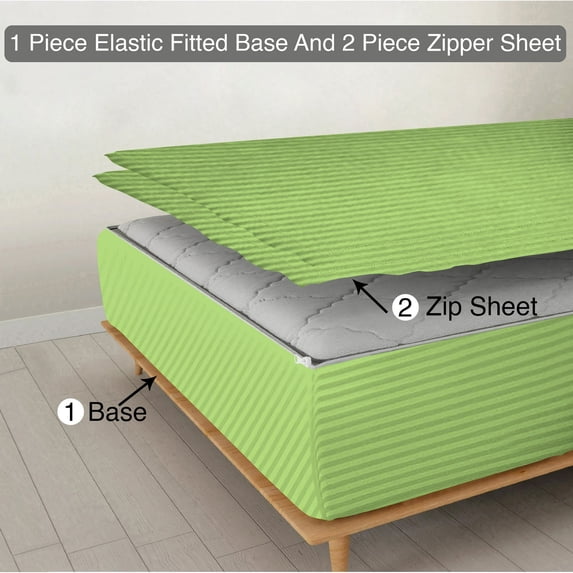 Zipper Fitted Sheet, (California King Size 72x84) 12 Inch Deep Pocket, 100% Egyptian Cotton, 800 TC, Stripe Sage Color.
