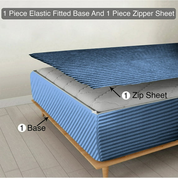 Zipper Fitted Sheet, (California King Size 72x84) 26 Inch Deep Pocket, 100% Egyptian Cotton, 800 TC, Stripe Medium Blue Color.