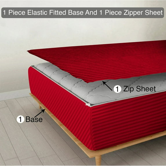 Zipper Fitted Sheet, (Full Size 54x75) 26 Inch Deep Pocket, 100% Egyptian Cotton, 800 TC, Stripe Red Color.