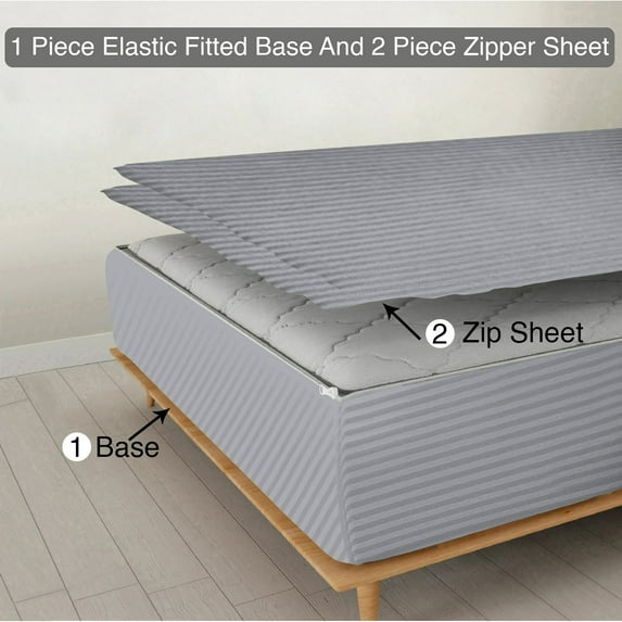 Zipper Fitted Sheet, (Full Size 54x75) 12 Inch Deep Pocket, 100% Egyptian Cotton, 800 TC, Stripe Silver Color.