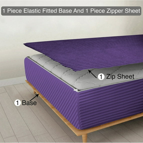 Zipper Fitted Sheet, (King Size 76x80) 15 Inch Deep Pocket, 100% Egyptian Cotton, 800 TC, Stripe Purple Color.