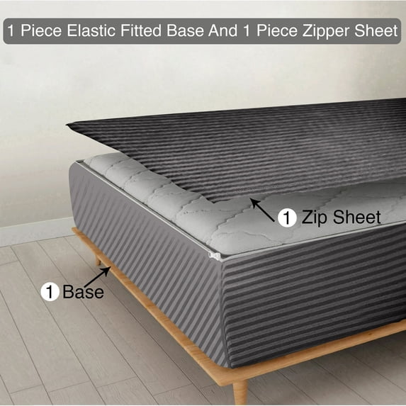 Zipper Fitted Sheet, (King Size 76x80) 21 Inch Deep Pocket, 100% Egyptian Cotton, 800 TC, Stripe Dark Grey Color.