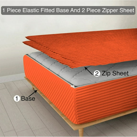 Zipper Fitted Sheet, (King Size 76x80) 8 Inch Deep Pocket, 100% Egyptian Cotton, 800 TC, Stripe Orange Color.