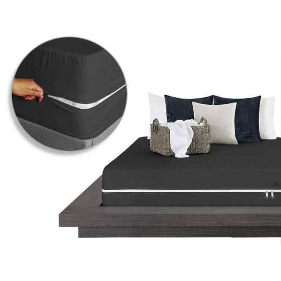 Zipper Fitted Sheet King Size (78X80), 100% Microfiber 1 Piece Fitted Sheet 18" Inch Deep Pocket, Zipper Sheets King Size - Black Color