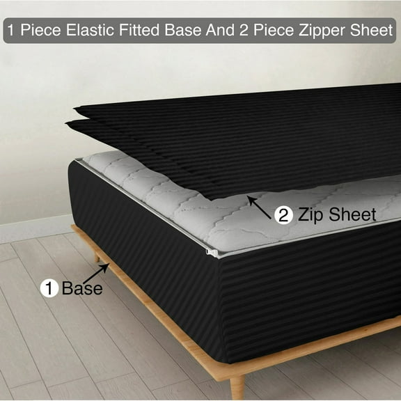 Zipper Fitted Sheet, (Olympic Queen Size 66x80) 10 Inch Deep Pocket, 100% Egyptian Cotton, 800 TC, Stripe Black Color.