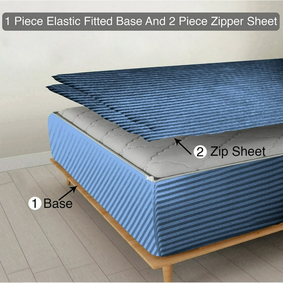 Zipper Fitted Sheet, (Olympic Queen Size 66x80) 10 Inch Deep Pocket, 100% Egyptian Cotton, 800 TC, Stripe Medium Blue Color.