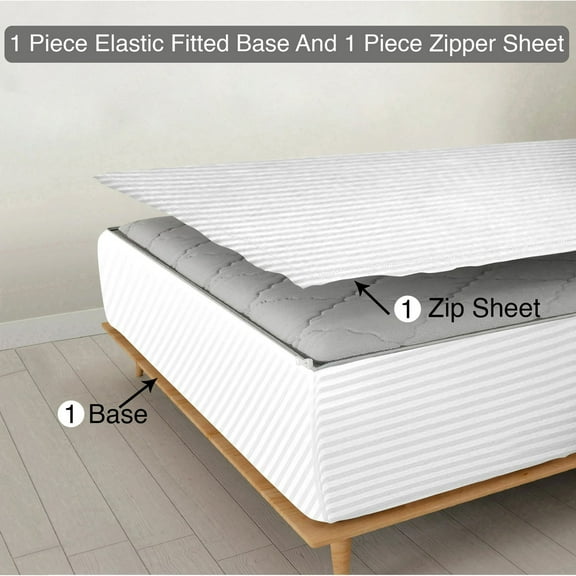 Zipper Fitted Sheet, (Olympic Queen Size 66x80) 24 Inch Deep Pocket, 100% Egyptian Cotton, 800 TC, Stripe White Color.