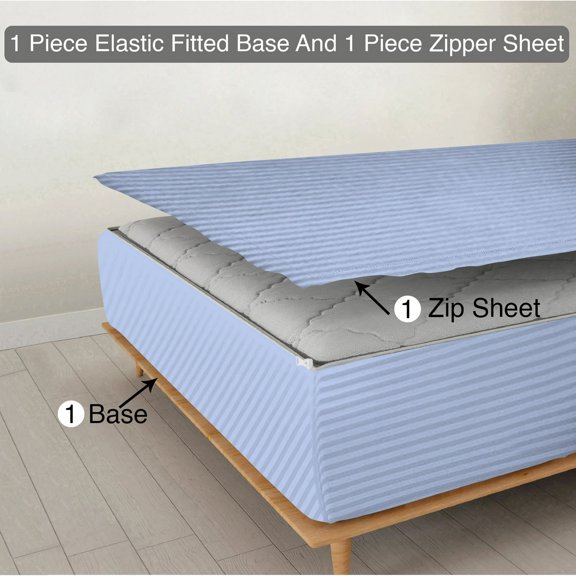 Zipper Fitted Sheet, (Olympic Queen Size 66x80) 26 Inch Deep Pocket, 100% Egyptian Cotton, 800 TC, Stripe Light Blue Color.