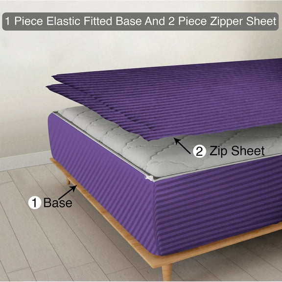 Zipper Fitted Sheet, (Olympic Queen Size 66x80) 10 Inch Deep Pocket, 100% Egyptian Cotton, 800 TC, Stripe Purple Color.
