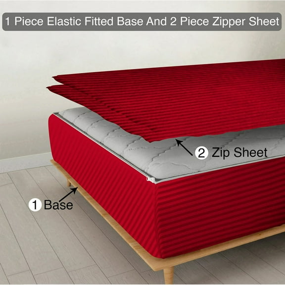 Zipper Fitted Sheet, (Olympic Queen Size 66x80) 12 Inch Deep Pocket, 100% Egyptian Cotton, 800 TC, Stripe Red Color.