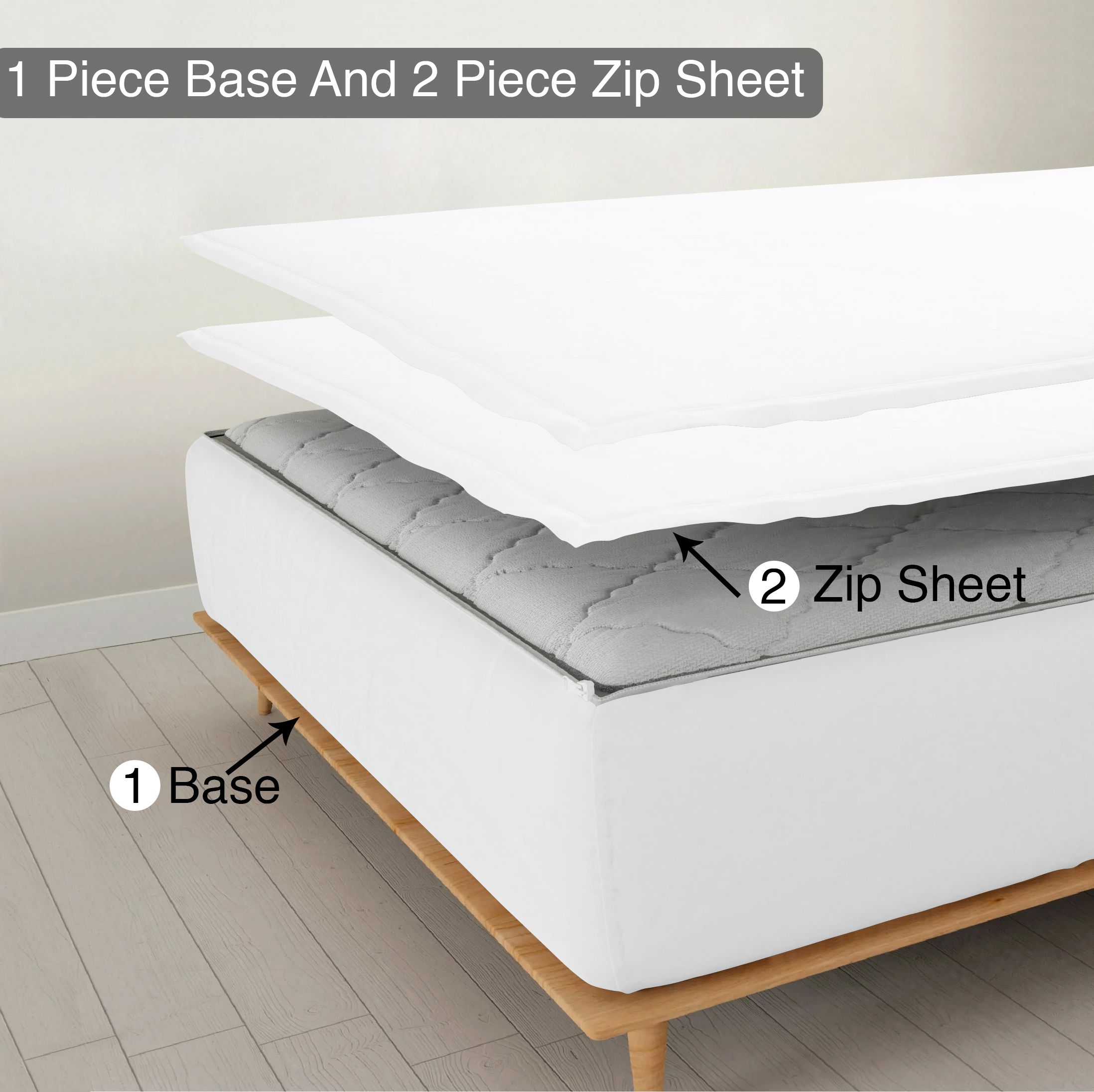 Zipper Fitted Sheet, (Olympic Queen Size 66x80) - Includes (1 Fitted Sheet Base And 2 Zip-On Sheet) 8 Inch Deep Pocket, 100% Egyptian Cotton, 800 Thread Counts, Solid White Color.