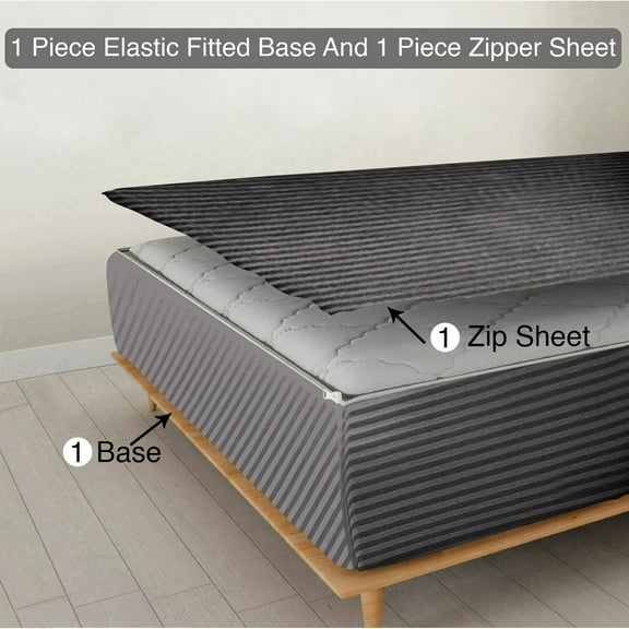 Zipper Fitted Sheet, (Queen Size 60x80) 26 Inch Deep Pocket, 800 TC, Stripe Dark Grey.