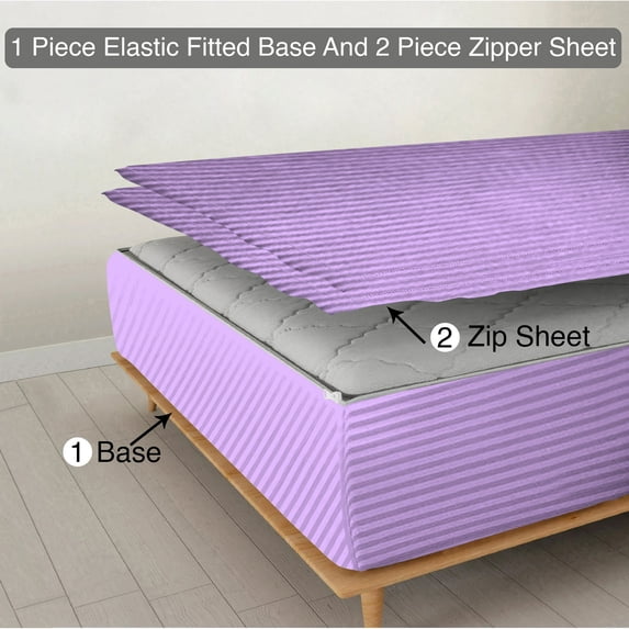 Zipper Fitted Sheet, (Queen Size 60x80) 6 Inch Deep Pocket, 100% Egyptian Cotton, 800 TC, Stripe Lillac Color.