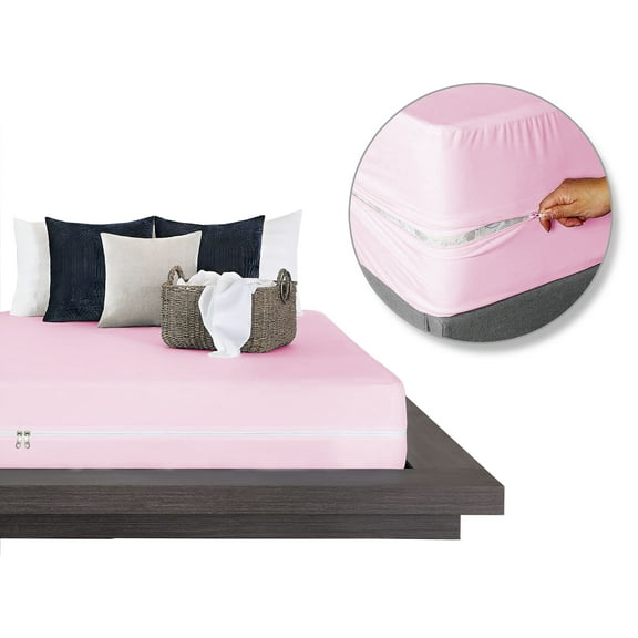 Zipper Fitted Sheet Twin Size (39X75), 100% Microfiber 1 Piece Fitted Sheet 16" Inch Deep Pocket, Zipper Sheets Twin Size - Baby Pink Color