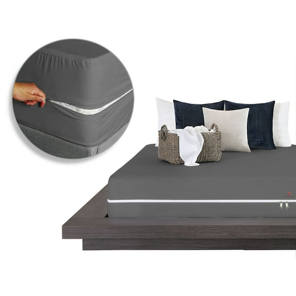 Zipper Fitted Sheet Twin Size (39X75), 100% Microfiber Fitted Sheet 1 Piece 8" Deep Pocket, Zipper Sheets Twin Size - Dark Grey Color