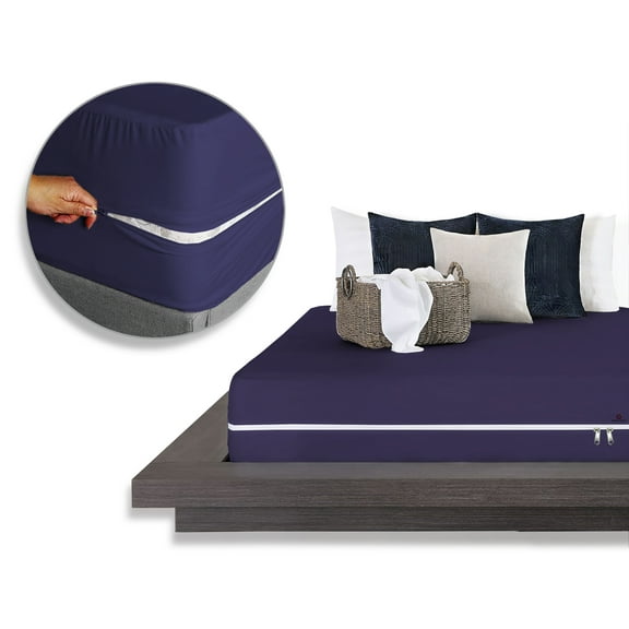 Zipper Fitted Sheet Twin Size (39X75), 100% Microfiber Fitted Sheet 1 Piece 8" Deep Pocket, Zipper Sheets Twin Size - Navy Blue Color