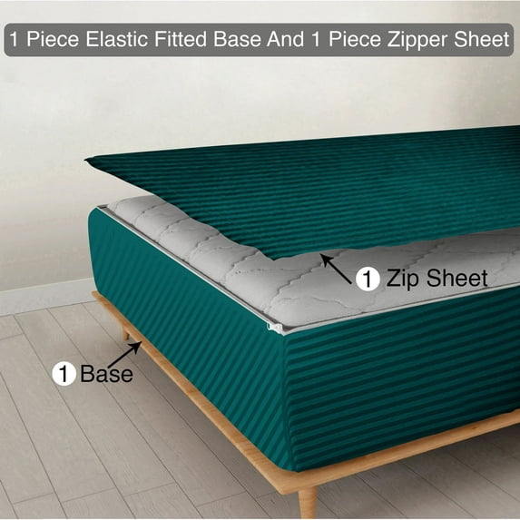 Zipper Fitted Sheet, (Twin Size 39x75) 6 Inch Deep Pocket, 100% Egyptian Cotton, 800 TC, Stripe Teal.
