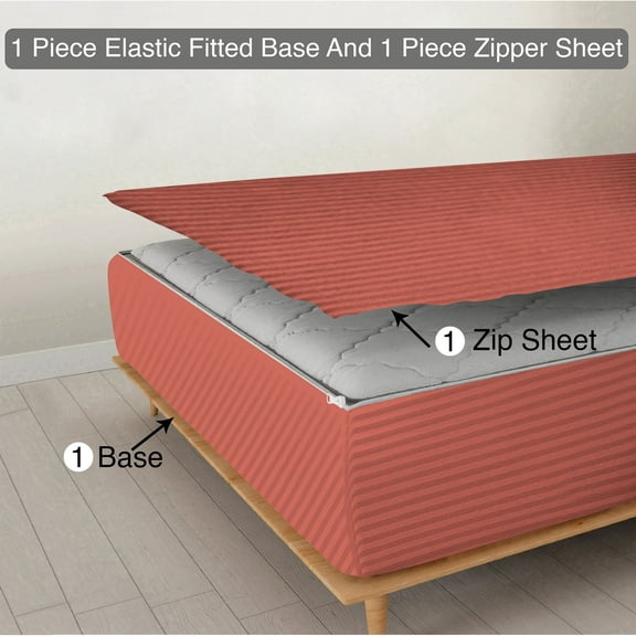 Zipper Fitted Sheet, (Twin Size 39x75) 8 Inch Deep Pocket, 100% Egyptian Cotton, 800 TC, Stripe Brick Red.
